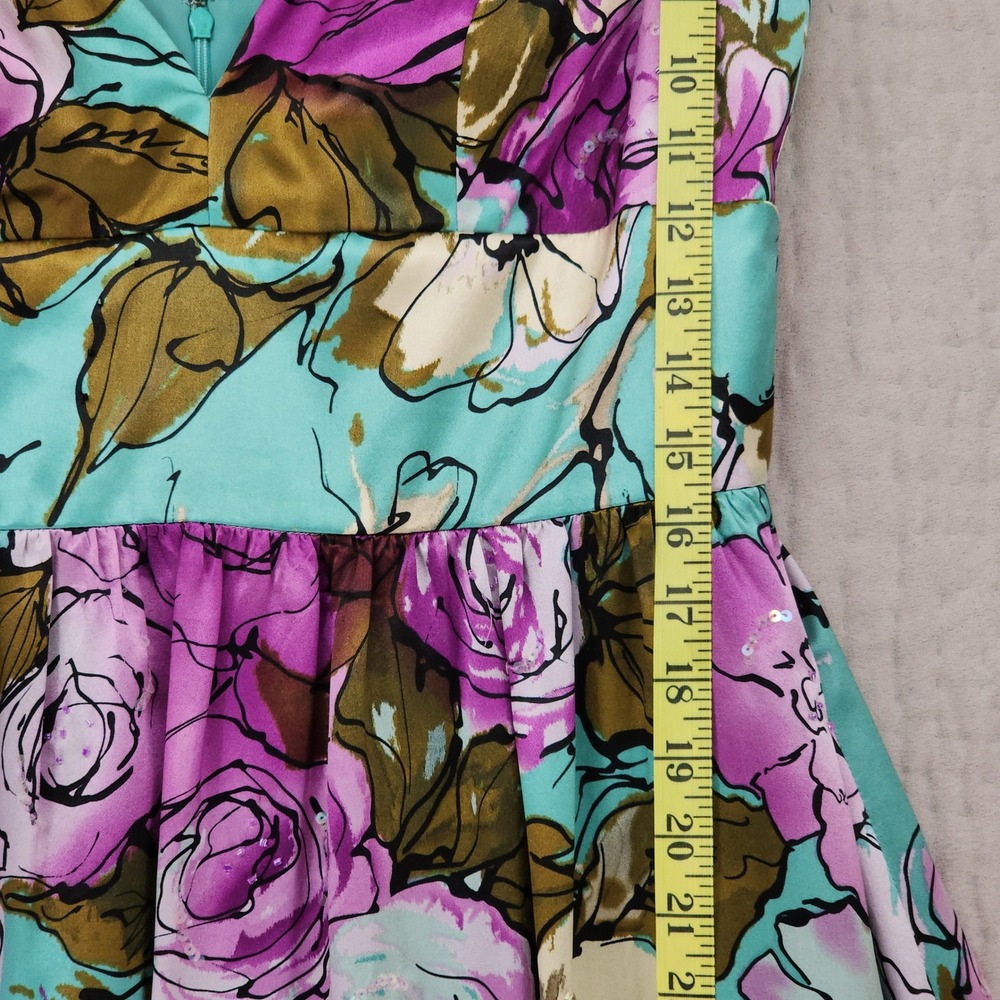 Adrianna Papell Silk Dress 10 Teal Purple Floral Fit Flare Cocktail Party Fairy - Picture 9 of 15
